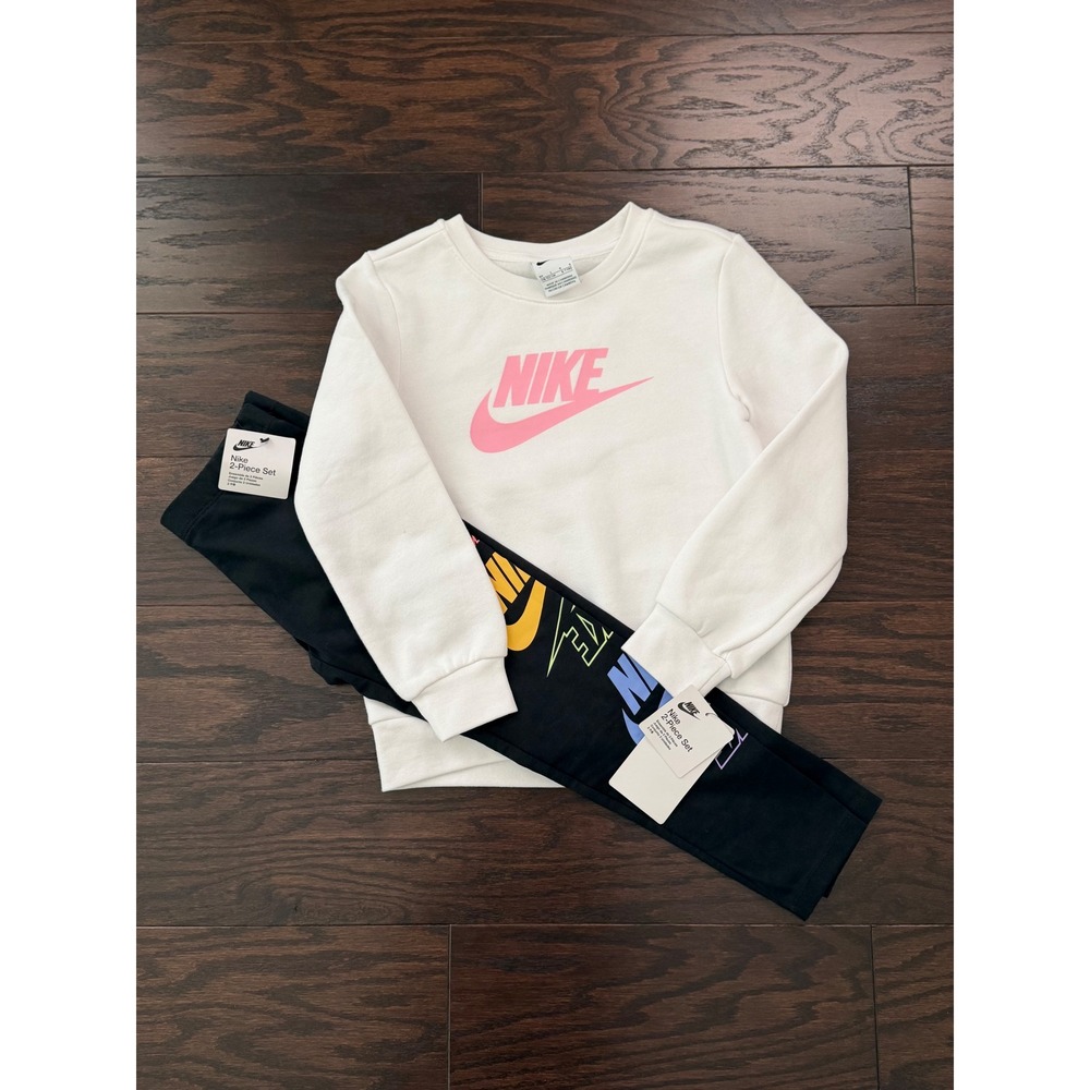 Nike Girls 2-Piece Set Sweatshirt and Leggings White Black Pink Size L 12-14